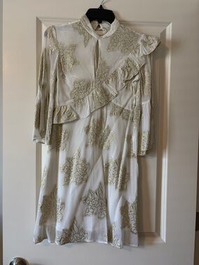 Miss Selfridge - White Dress with Gold Accents - Elegant Ruffle Detail - Size 0